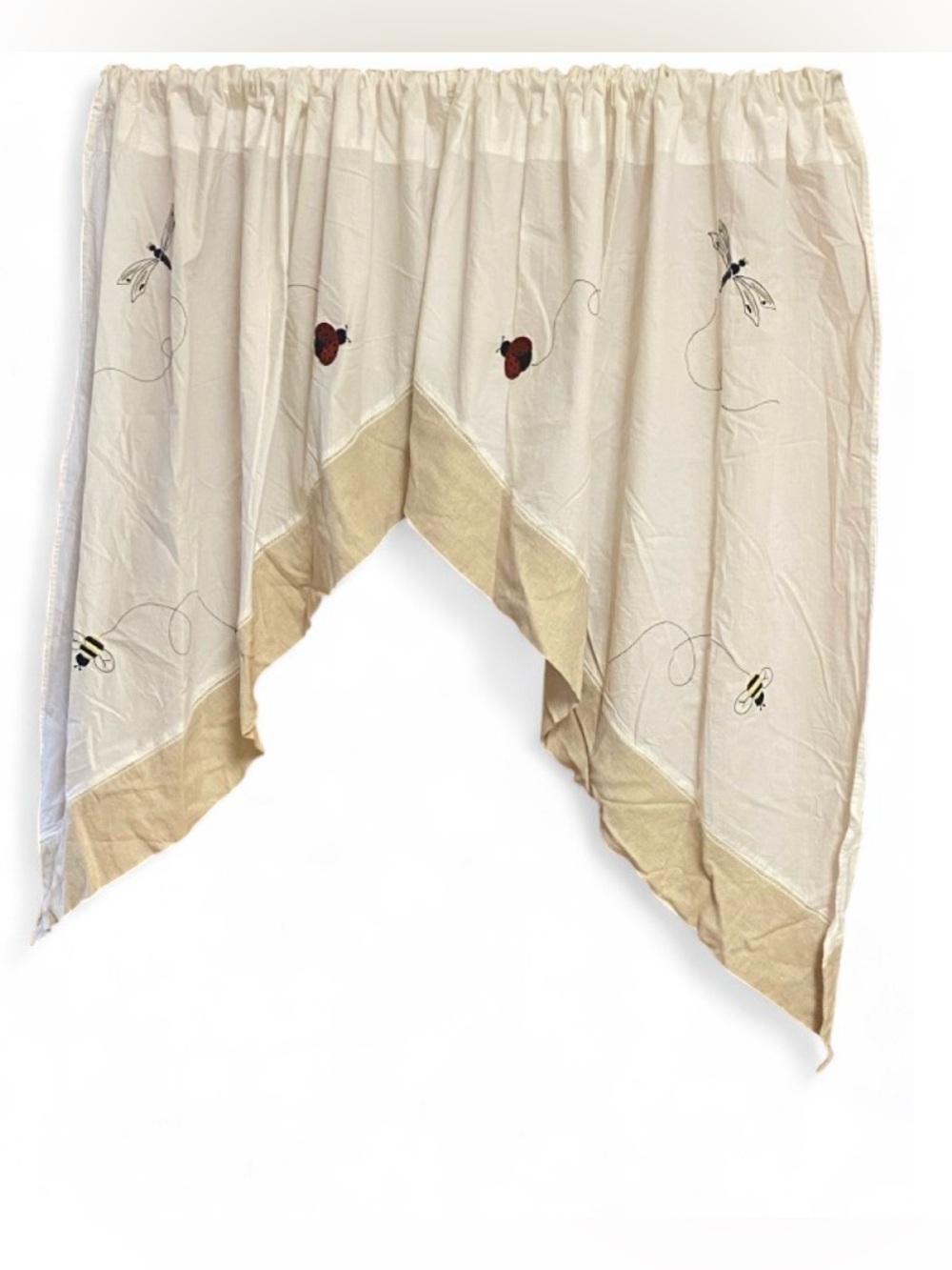 Embroidered Tier Curtains Set of 2 White Tan Bumblebee Dragonfly Ladybug
